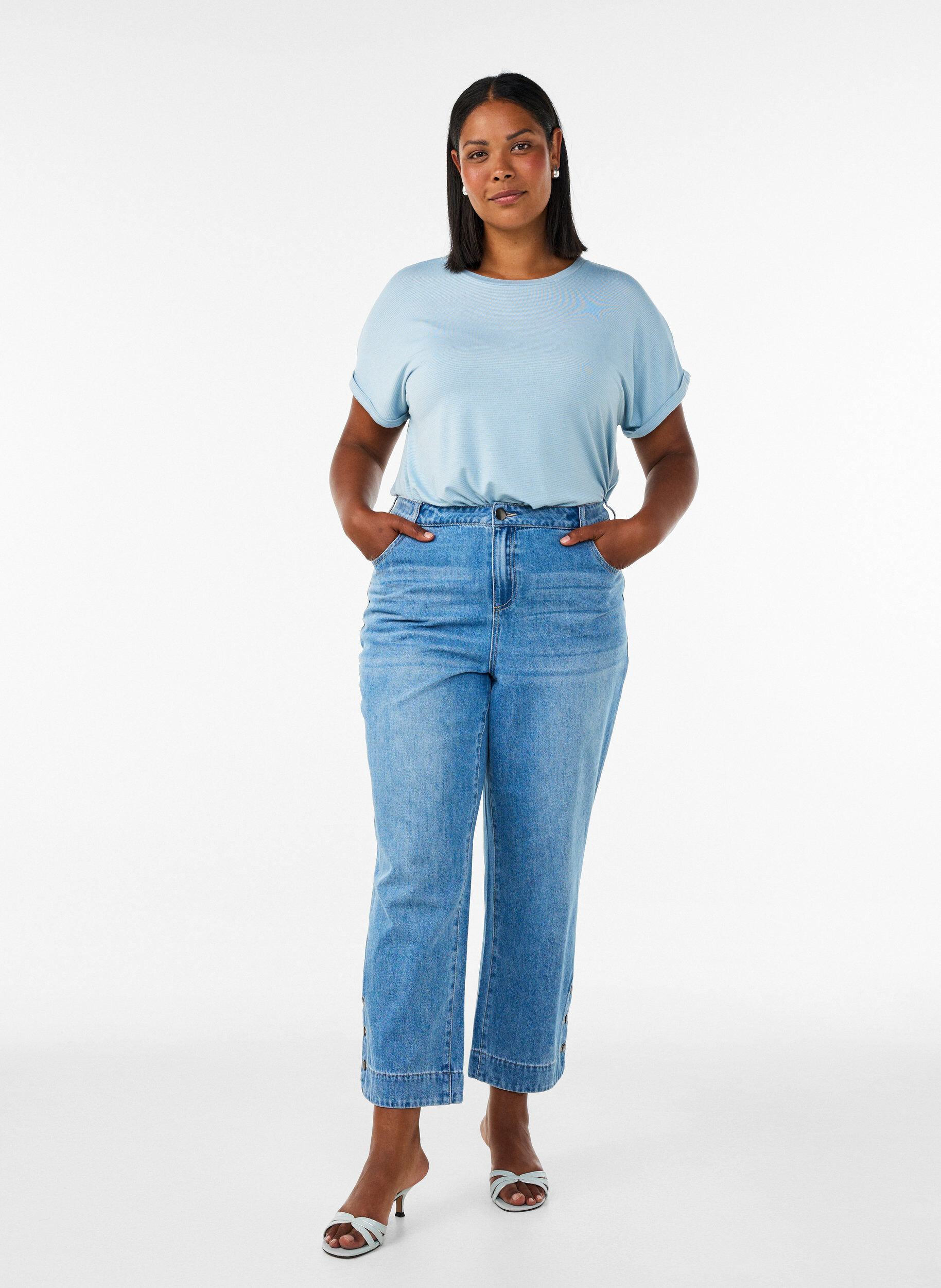 ZizzifashionViscose T-shirt with glitter stripes, Light Blue, Model image number 1