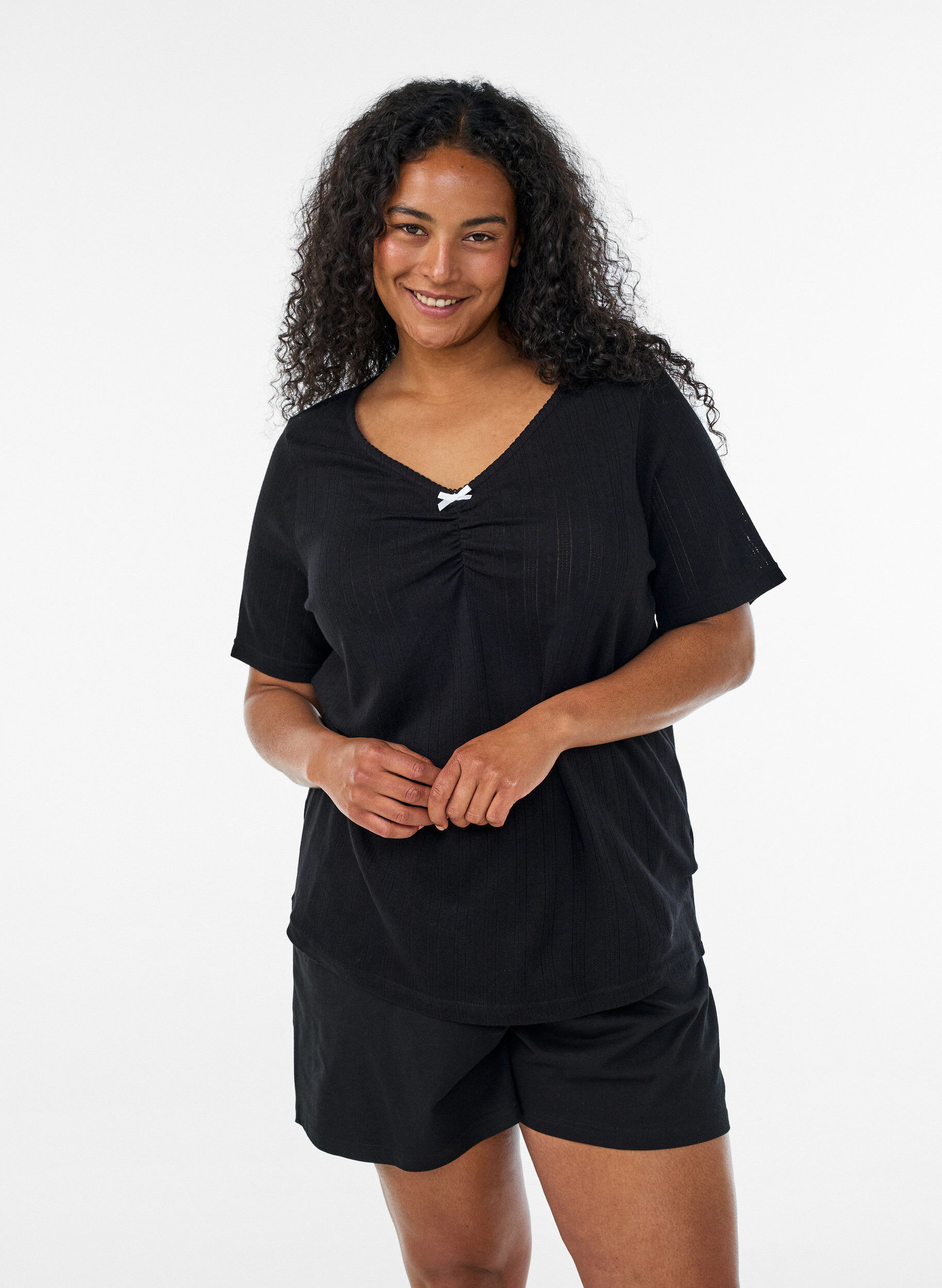ZizzifashionNight top in organic cotton with eyelet embroidery, Black, Model image number 0