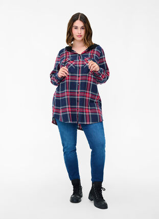 Checked shirt jacket with hood, Night Sky/Red Check, Model image number 2