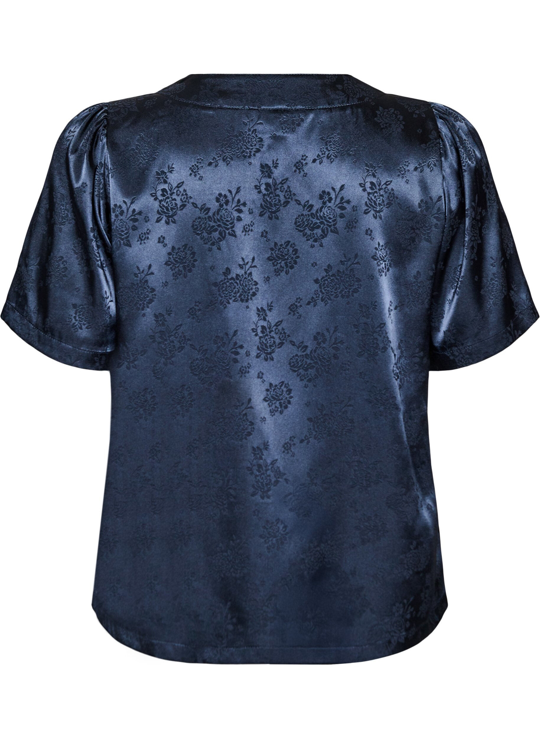 Zizzifashion Satin blouse with floral print and V-neck, Blue, Packshot image number 1