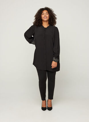 Long viscose shirt with pearls, Black, Model image number 2