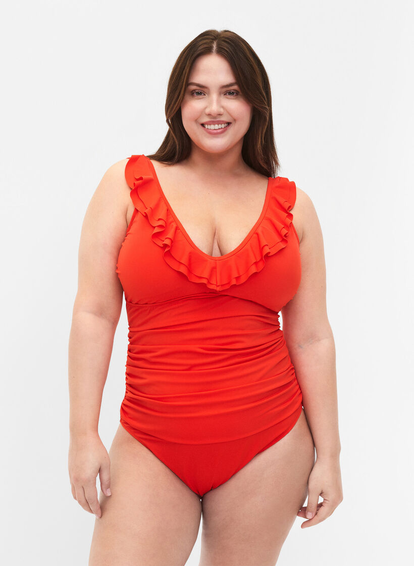 Swimsuit with ruffles and removable inserts, Orange, Model image number 0