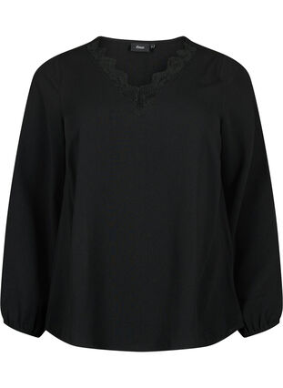V-neck blouse with lace trim, Black, Packshot image number 0