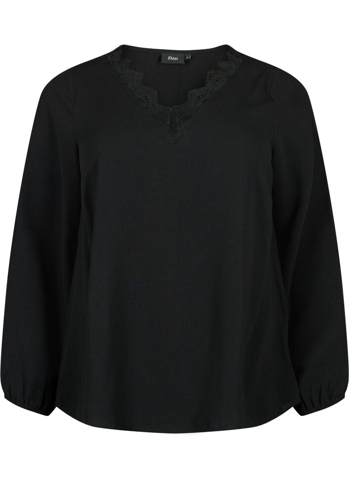 V-neck blouse with lace trim, Black, Packshot image number 0