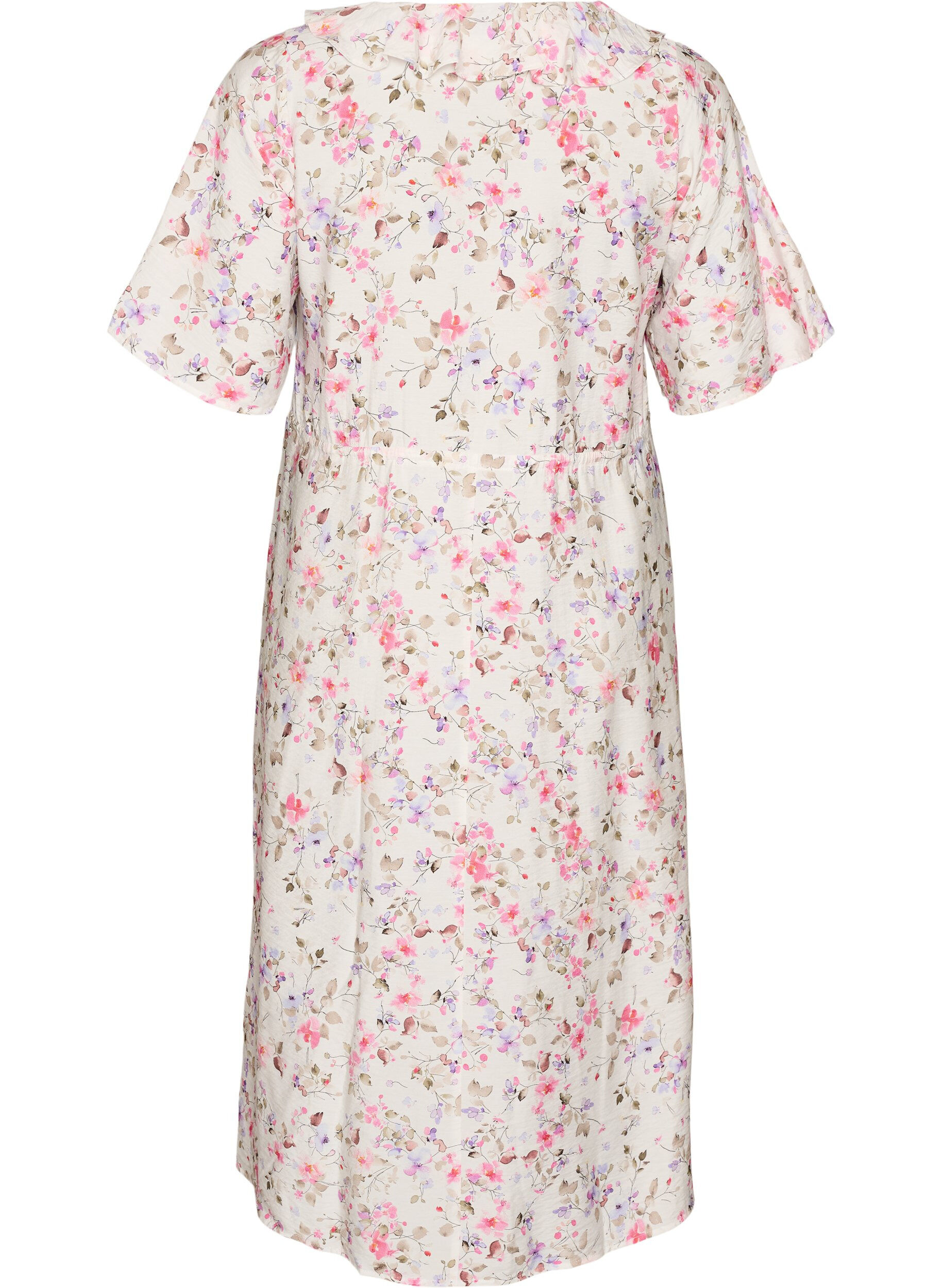 Zizzifashion Viscose midi dress with a floral print and ruffle collar, Vanilla, Packshot image number 1