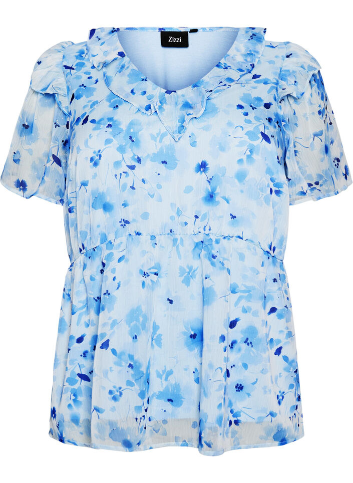 Floral blouse with a frill collar and peplum effect, Blue, Packshot image number 0
