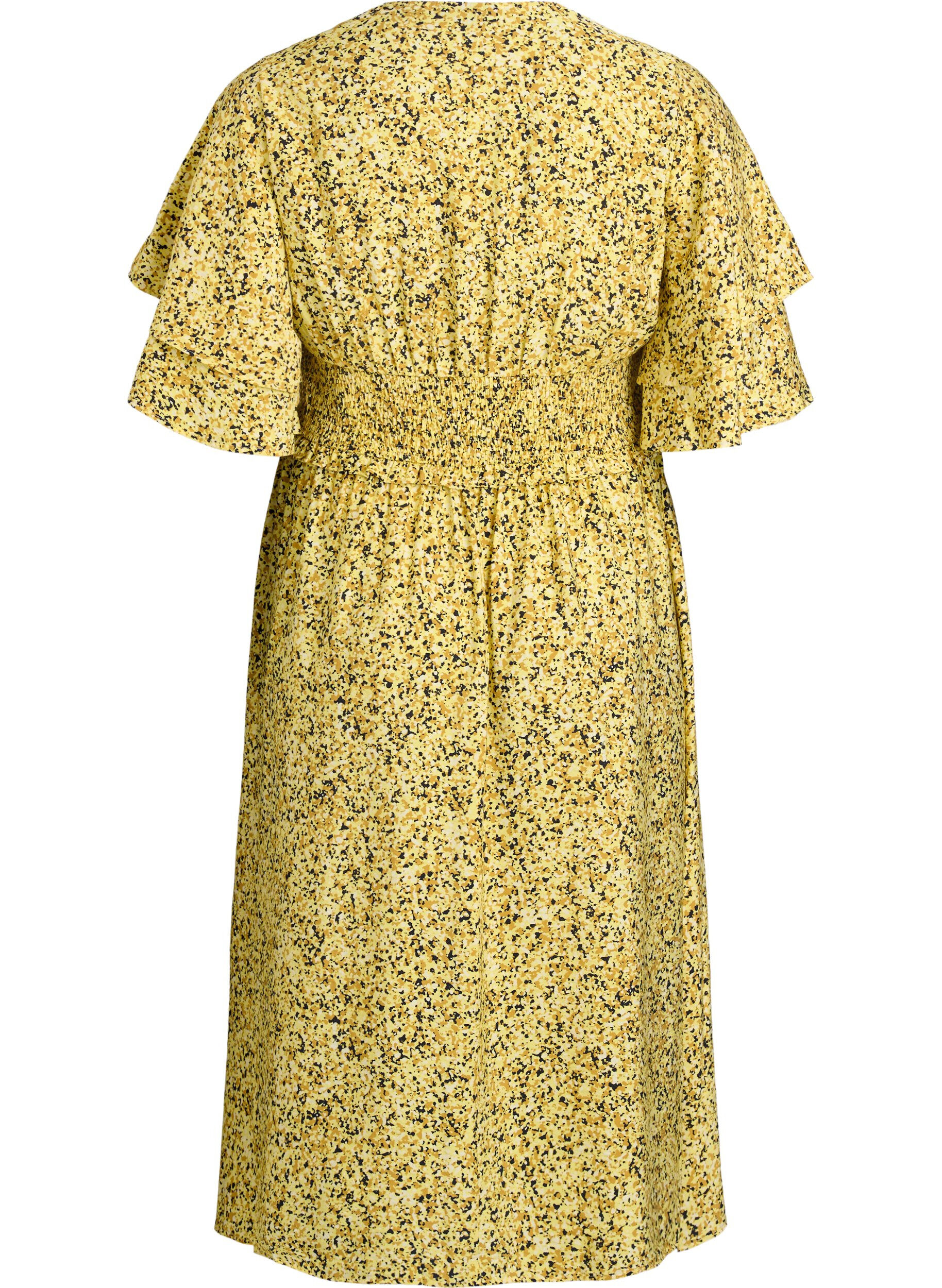Zizzifashion Midi dress with smock and ruffle sleeves, Yellow, Packshot image number 1