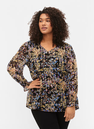 Floral blouse with long sleeves and v neck, Black/Vibrant Flower, Model image number 0