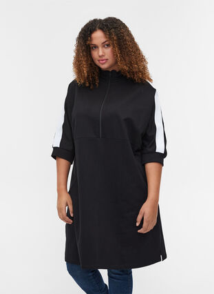 Cotton sweater dress with a zip and 3/4 sleeves, Black, Model image number 0