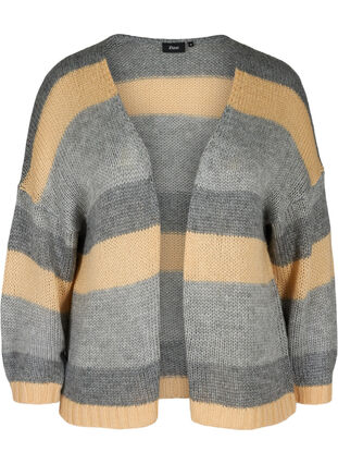 Short knitted cardigan with stripes, Light Grey Mel Comb, Packshot image number 0