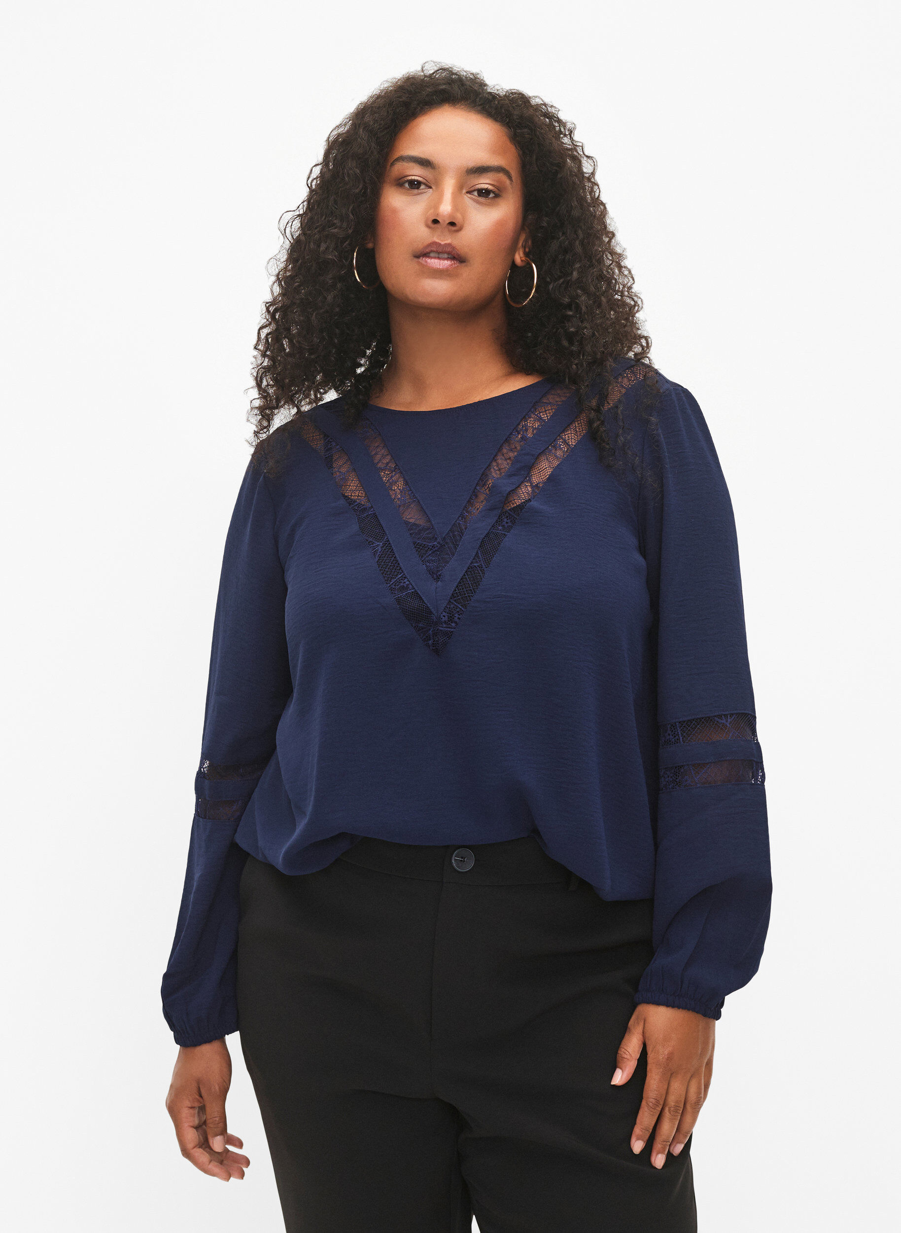 Zizzifashion Long-sleeved blouse with lace, Navy Blazer, Model image number 0