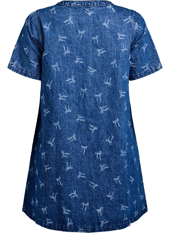Short denim dress with an A-line cut and floral pattern, Blue, Packshot image number 1