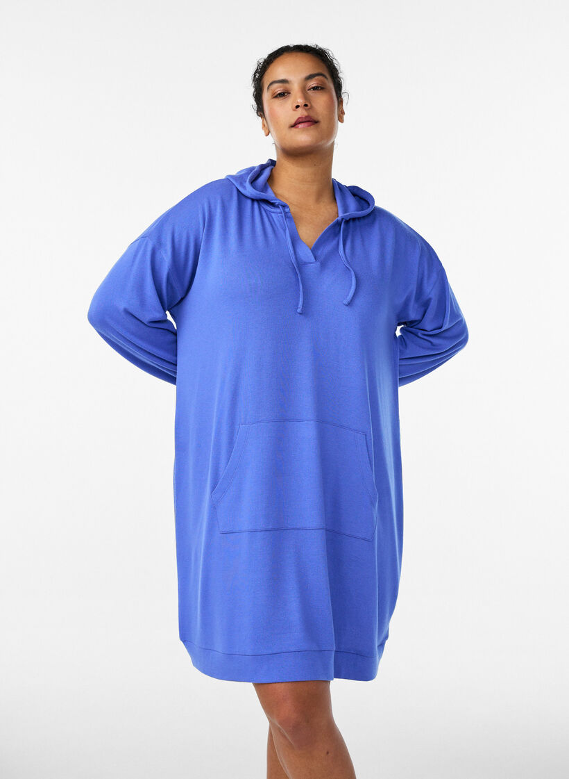 Short hoodie dress with a kangaroo pocket, Blue, Model image number 0