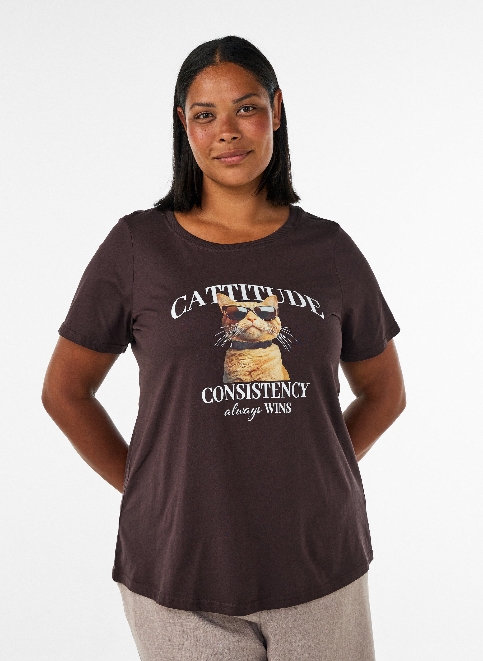 Cotton T-shirt with front print, Brown, Model