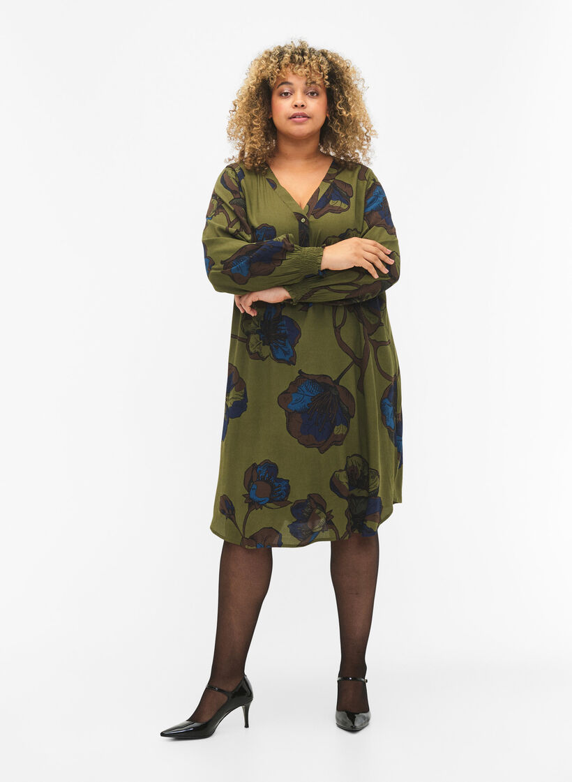 Printed viscose dress, Green, Model image number 1