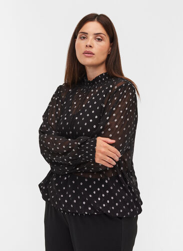 Polka dotted high neck viscose blouse with smocking, Black, Model image number 0