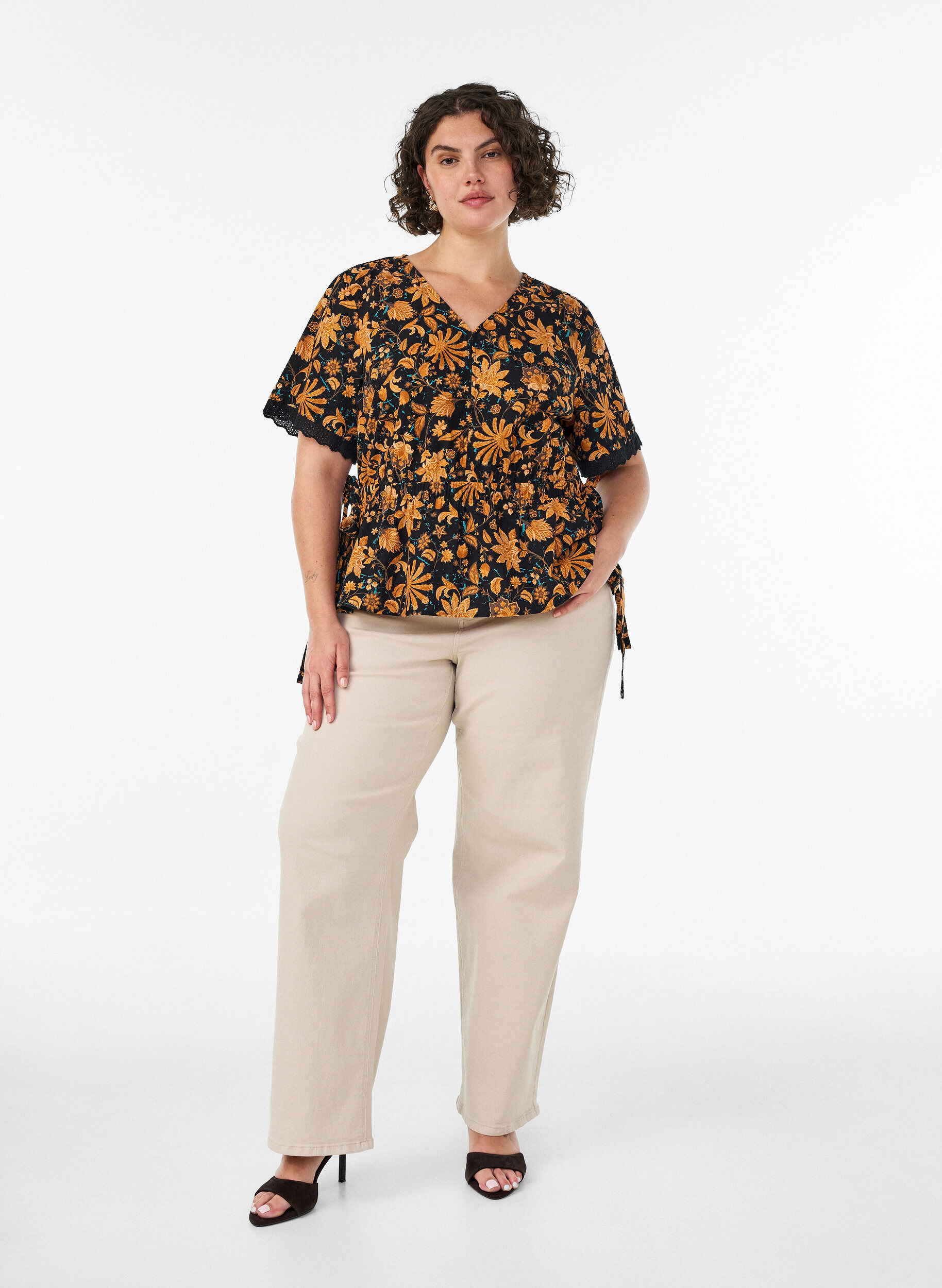 Zizzifashion Floral cotton blouse with tie-fastening, Orange, Model image number 1