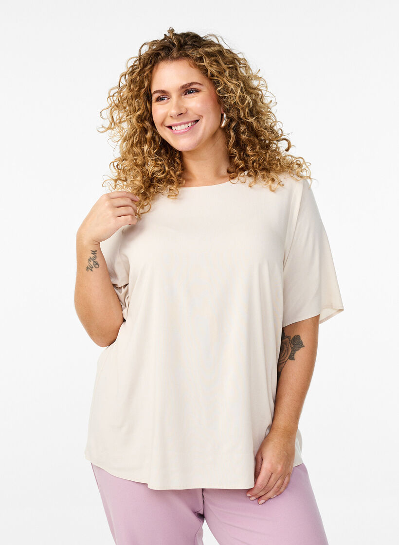 FLASH - Short-sleeved woven blouse with round neck, Beige, Model image number 0