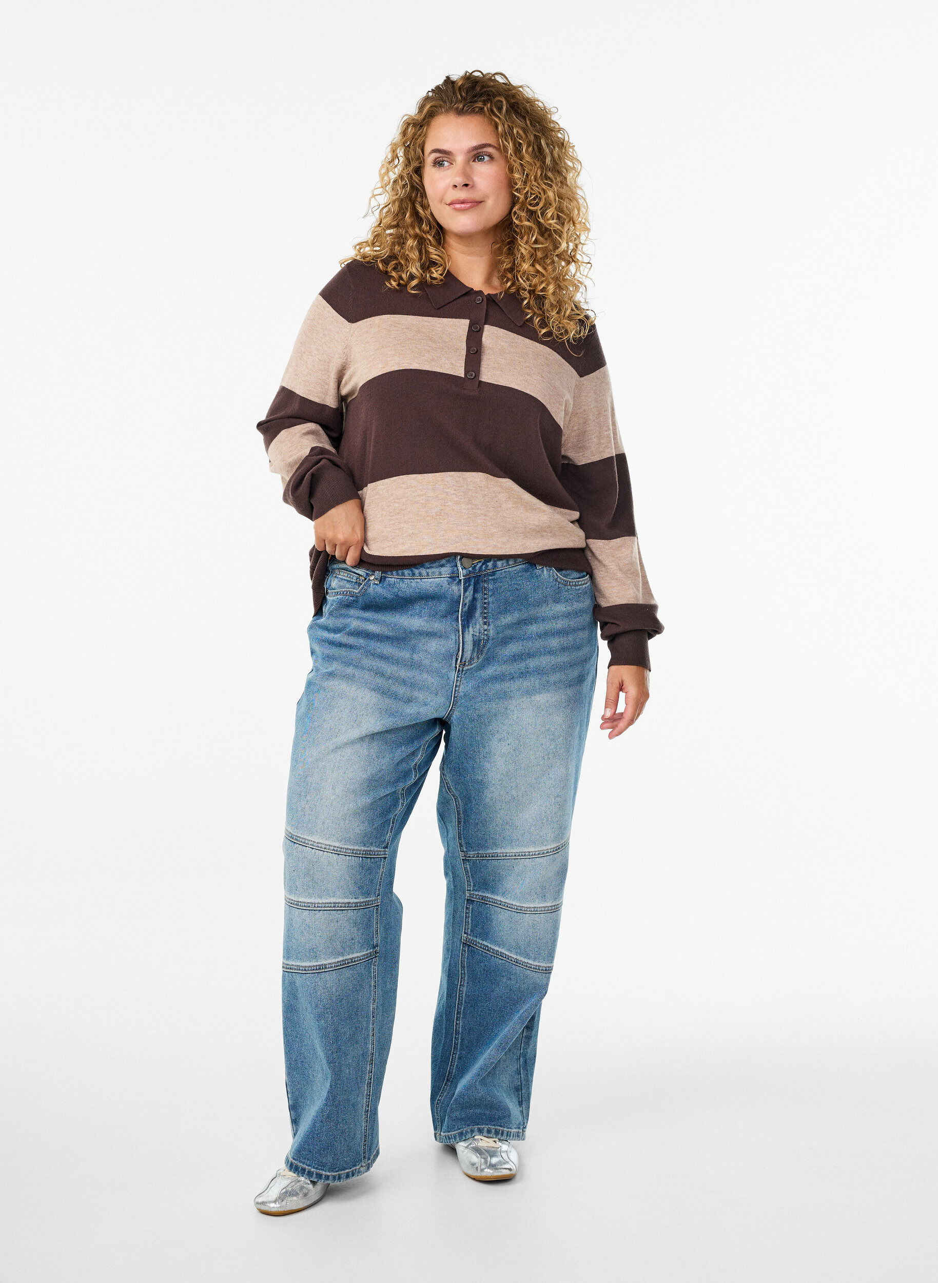 Zizzifashion Knit blouse with collar, Brown, Model image number 1