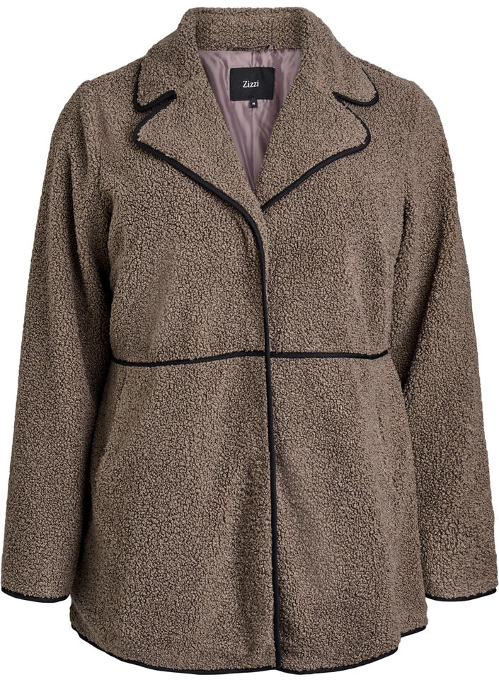Soft teddy jacket with contrast details, Brown, Packshot image number 0