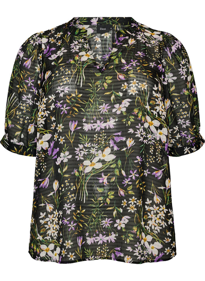 Blouse with floral print and V-neck, Black, Packshot image number 0