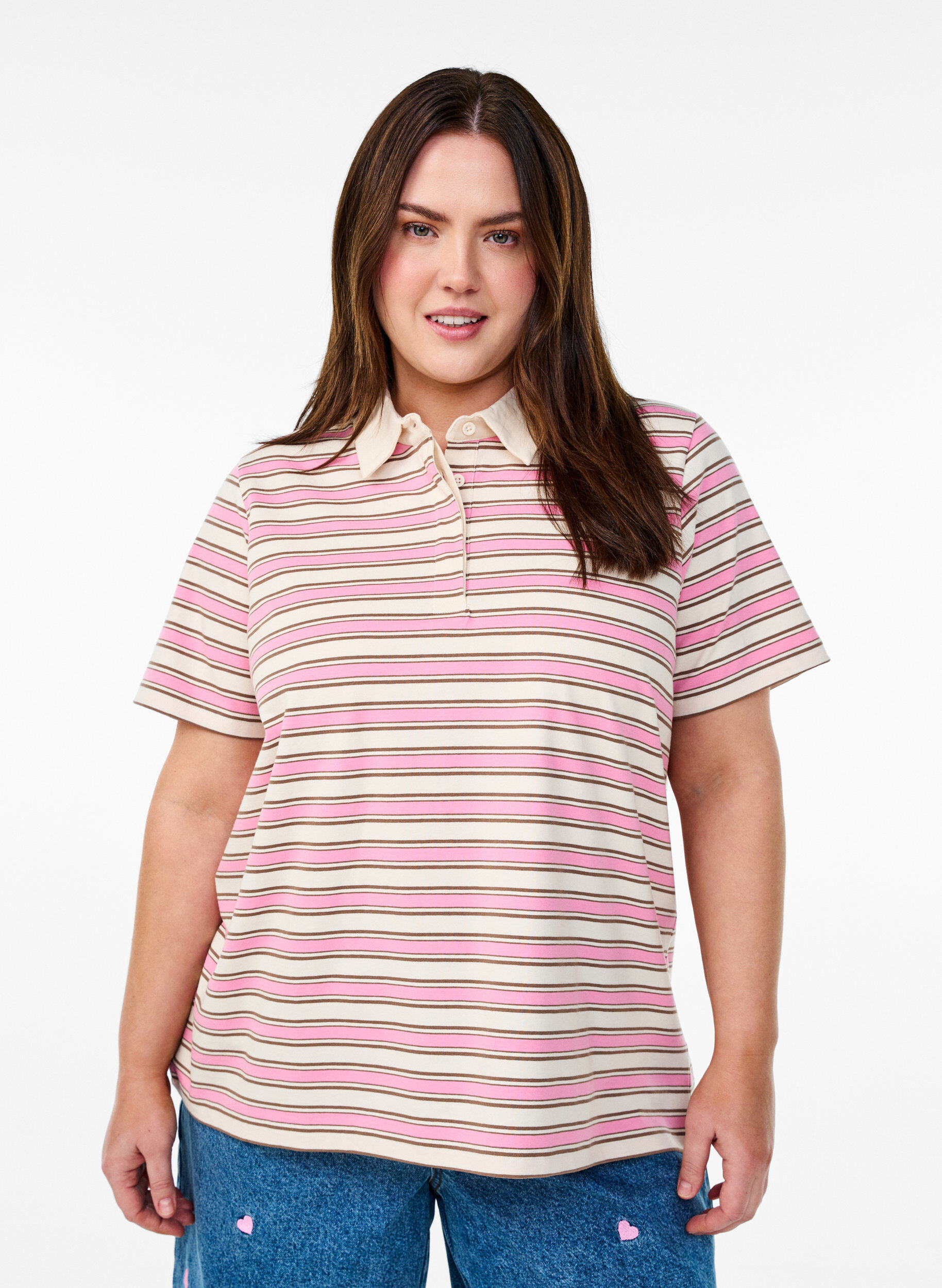 Striped polo shirt with short sleeves, Pink, Model