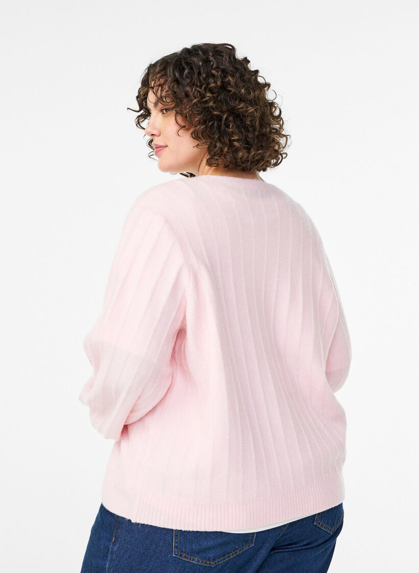 Cardigan with a ribbed texture and balloon sleeves, Pink, Model image number 2