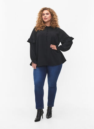Blouse with ruffles and buttons, Black, Model image number 2