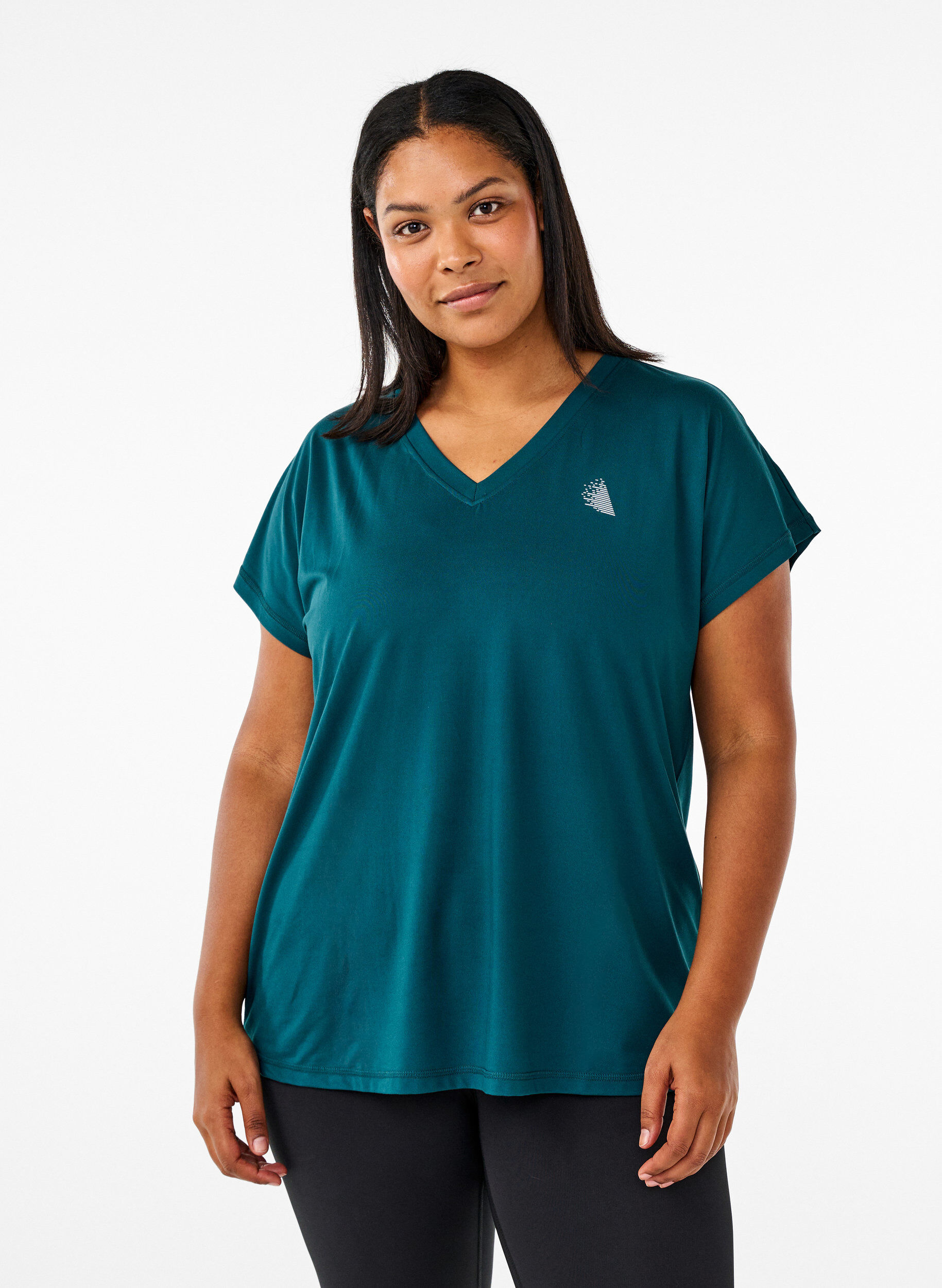 Loose training t-shirt with v-neck, Green, Model
