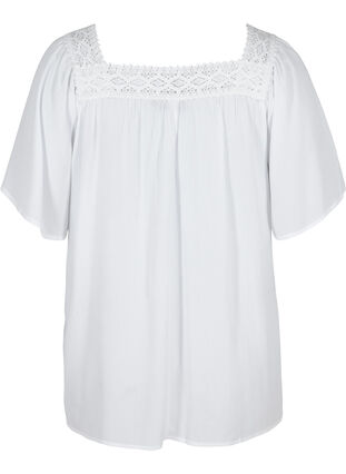 Short-sleeved viscose blouse with lace, Off White, Packshot image number 1