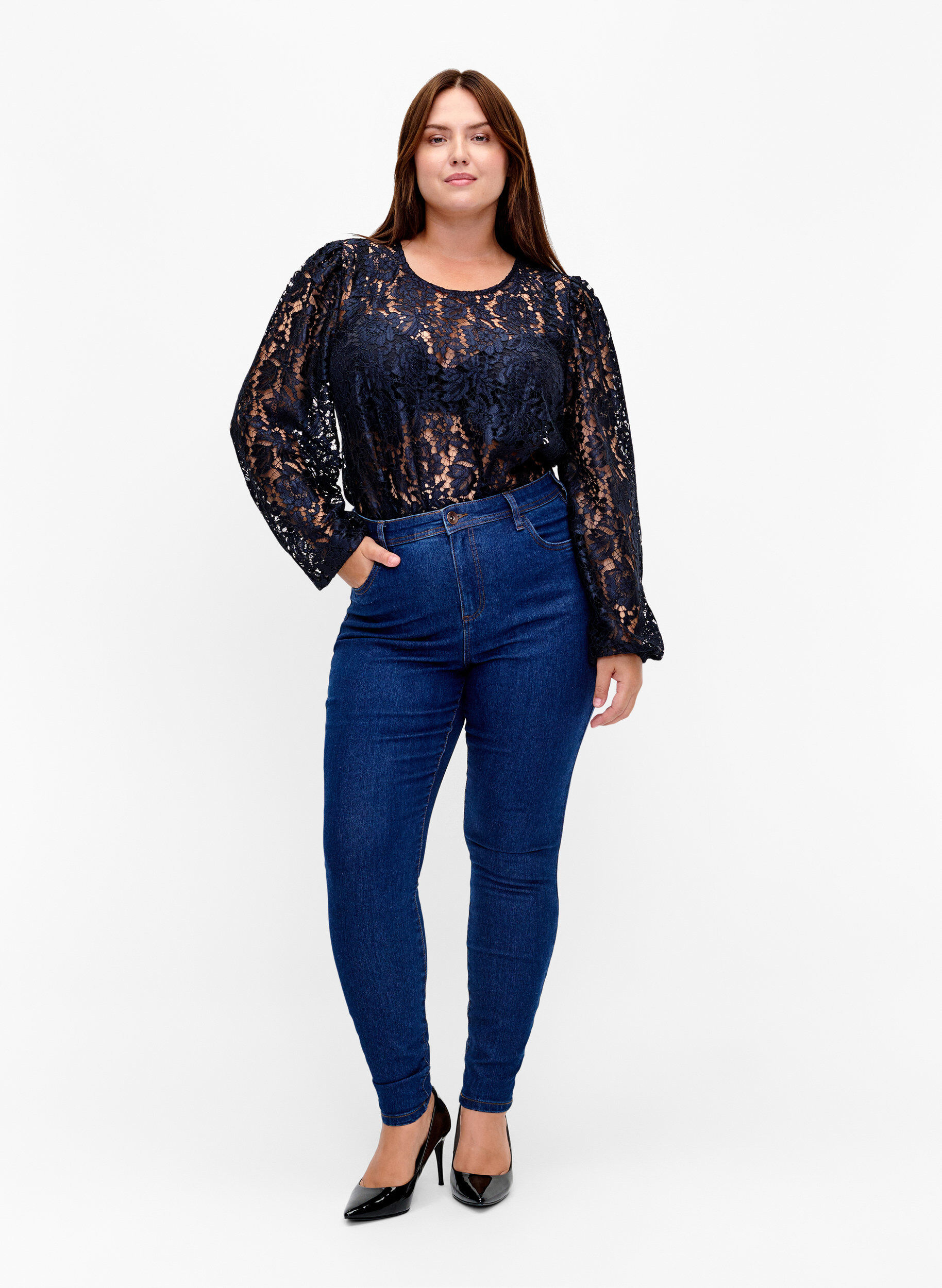 Zizzifashion FLASH - Long sleeve lace blouse, Sky Captain, Model image number 2