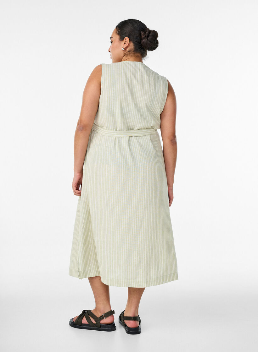 Sleeveless striped midi dress in linen and viscose, Green, Model image number 1