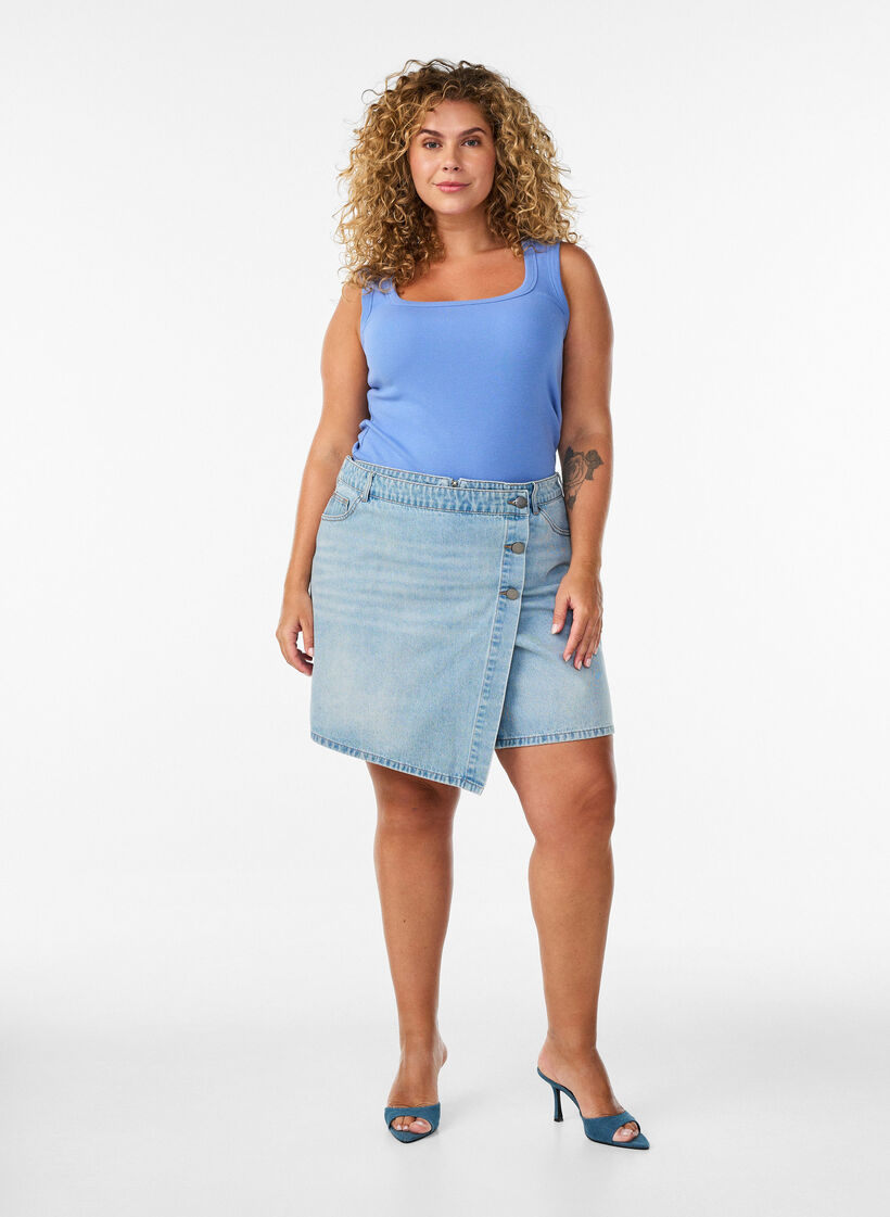 Denim skorts with a wrap-over effect and high waist, Light Blue, Model image number 1