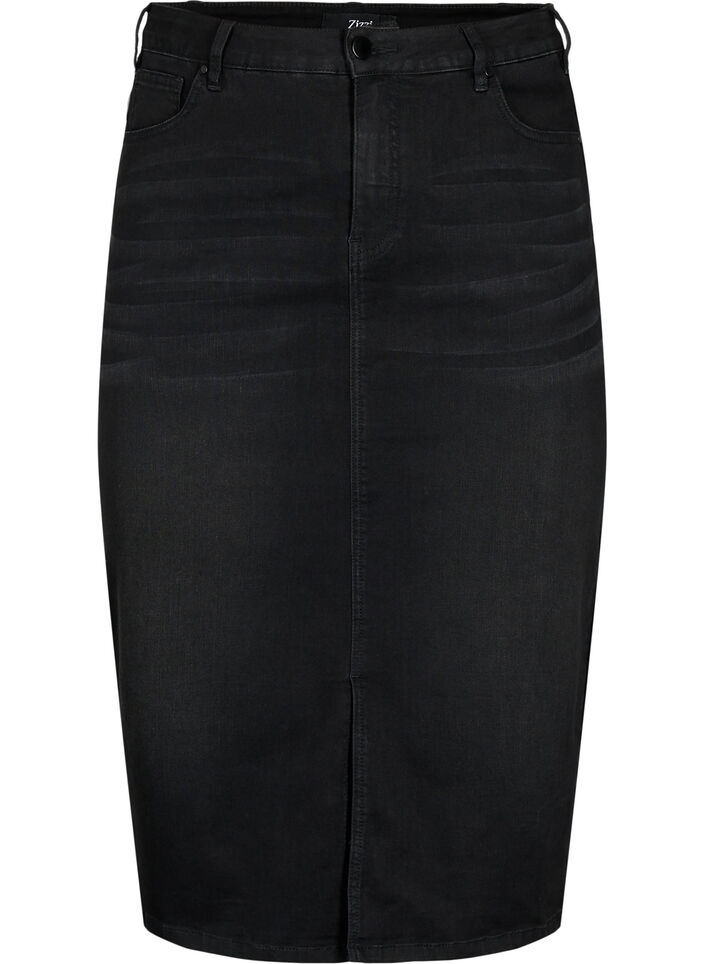 Denim midi skirt with slits, Black, Packshot image number 0