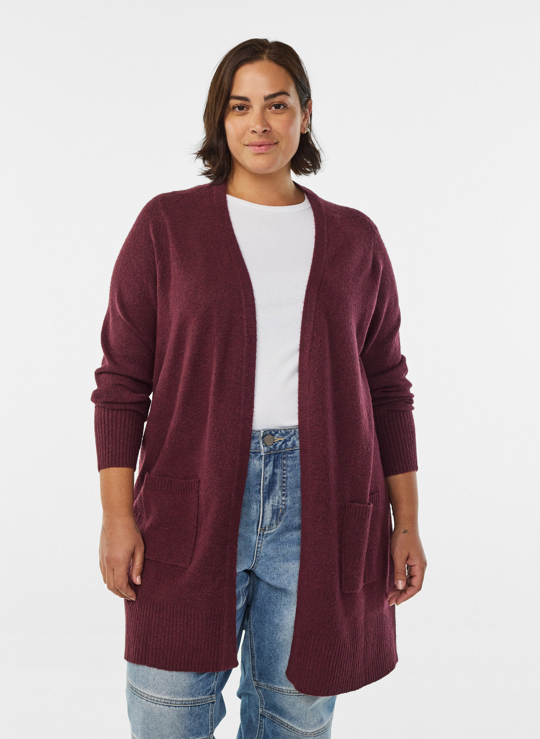Ribbed Knit Cardigan with Pockets, Dark Bordeaux, Model