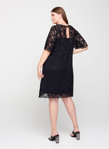 Short-sleeved lace dress, Black, Model image number 1