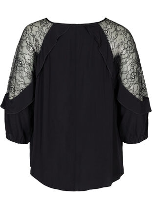 Viscose blouse with lace and 3/4 length sleeves, Black, Packshot image number 1