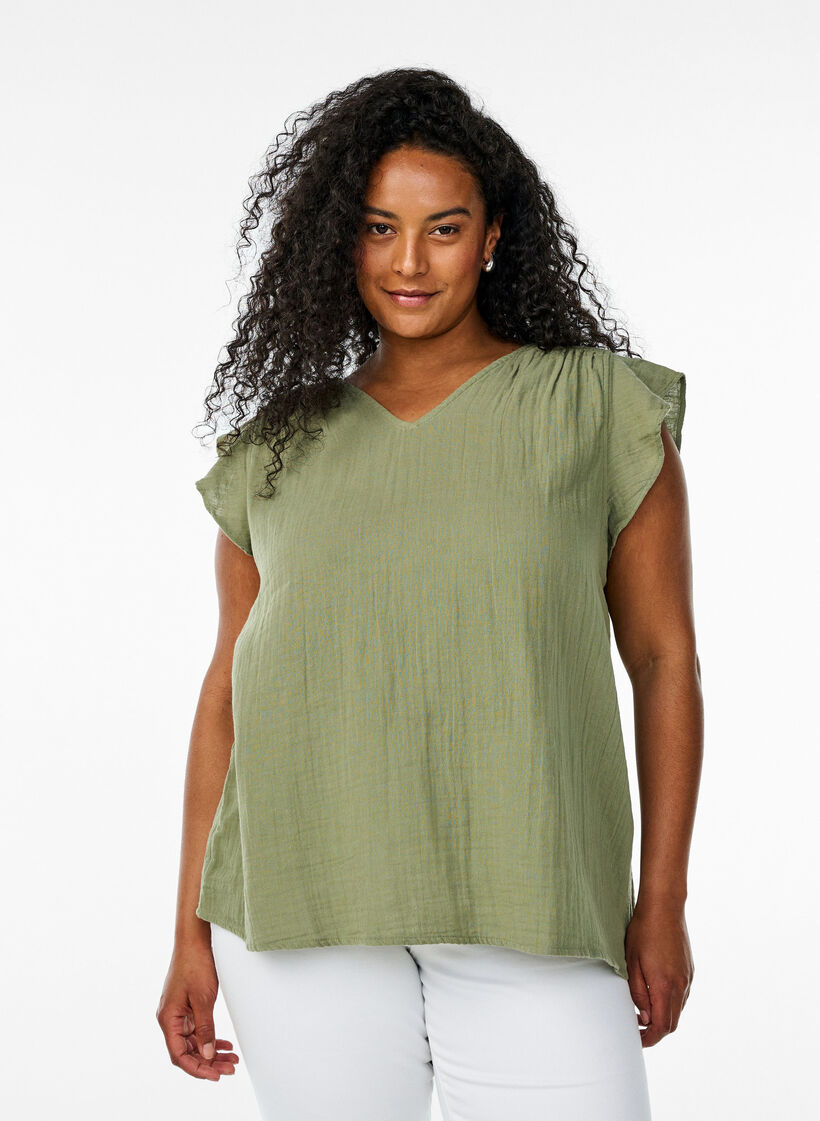 Sleeveless top in cotton muslin with ruffles, Green, Model image number 0