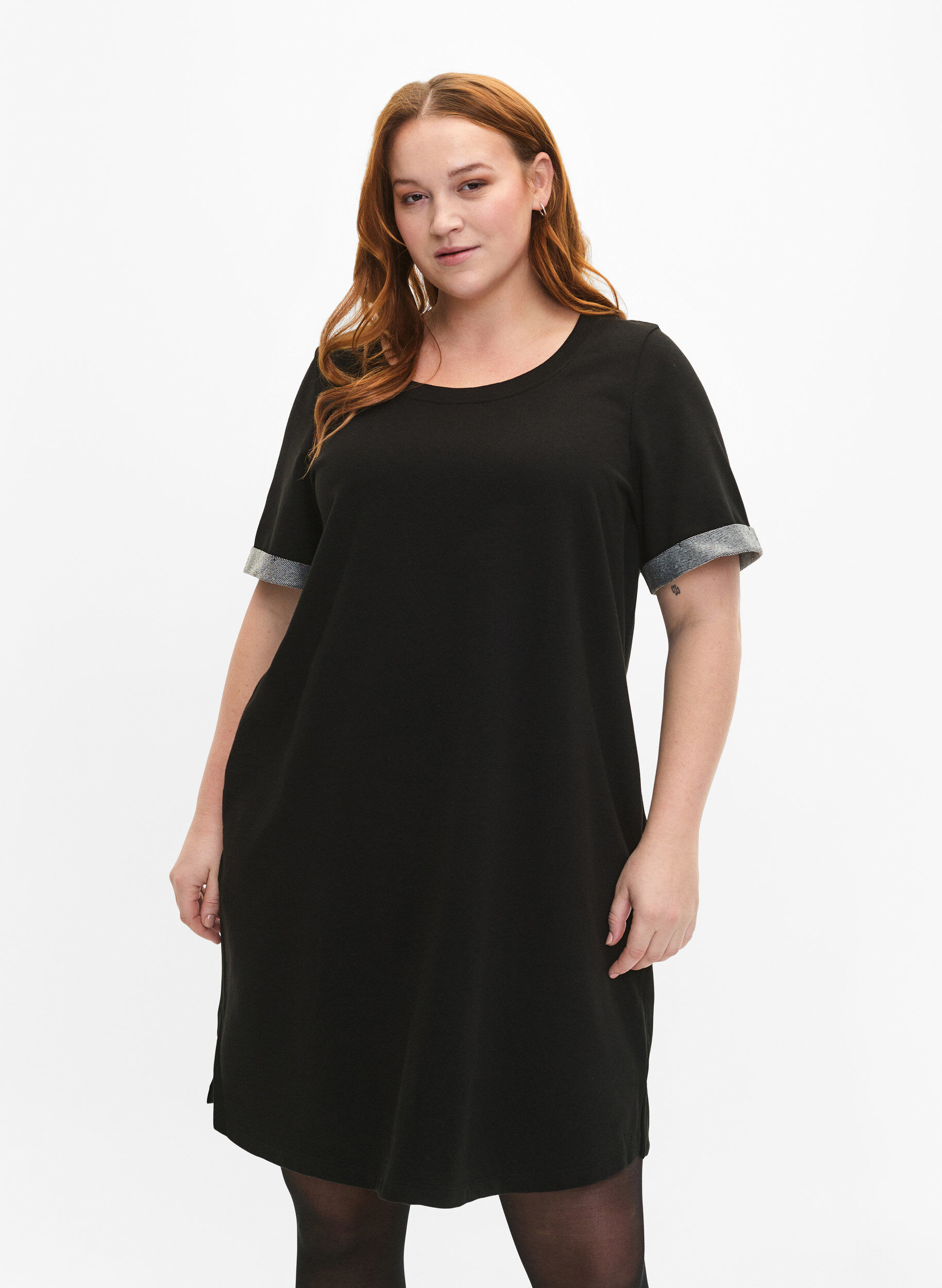 Zizzifashion Short-sleeved sweat dress with pockets, Black, Model image number 0