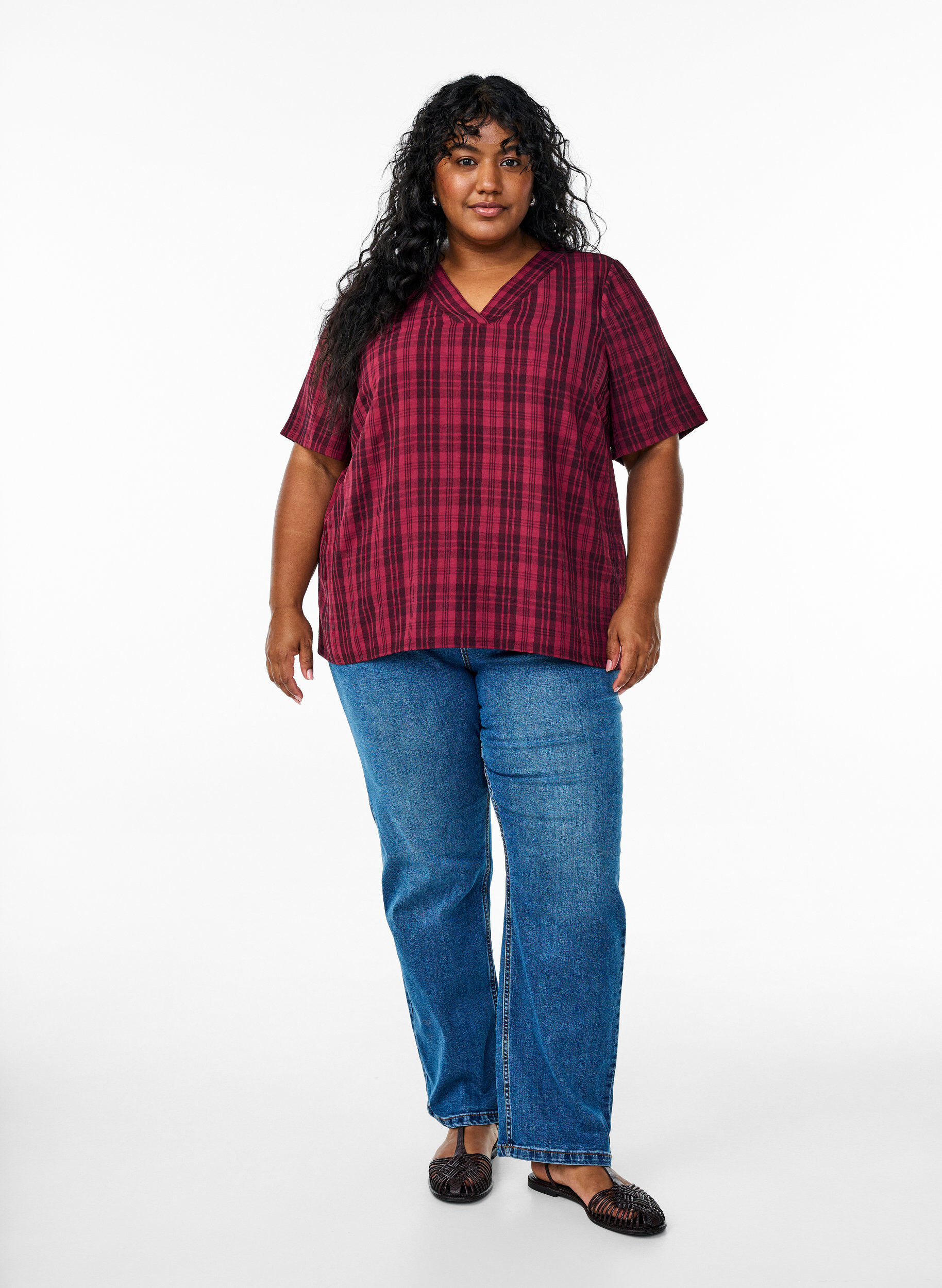 Zizzifashion Blouse with check pattern and V-neckline, Dark Bordeaux, Model image number 1