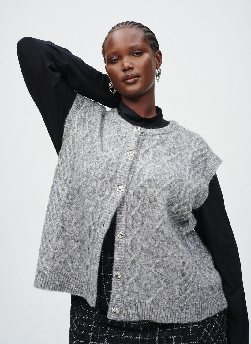 Patterned knitted vest with decorative buttons, Grey, Image image number 0