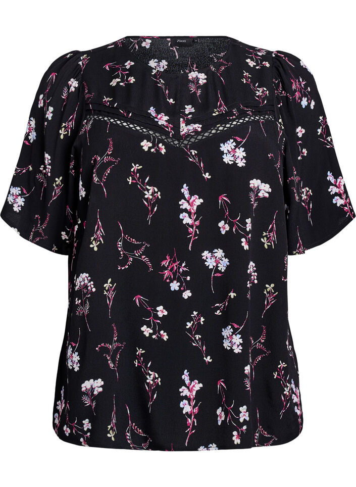 Floral blouse with short sleeves, Black, Packshot image number 0