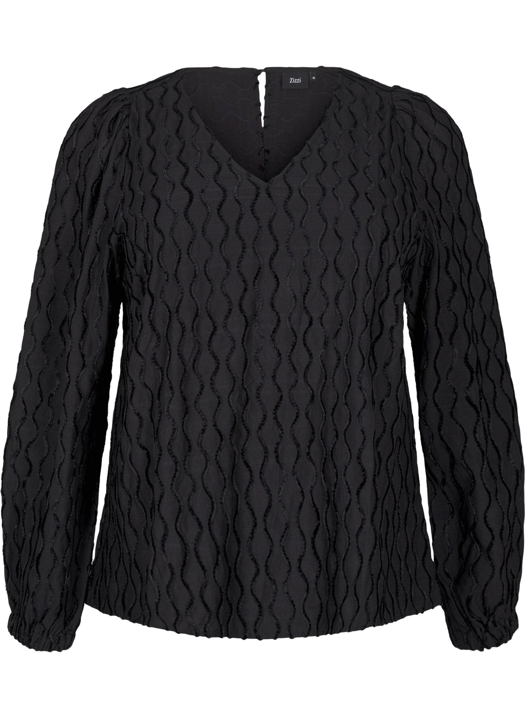 Zizzifashion Long-sleeved patterned blouse with a V-neck, Black, Packshot image number 0