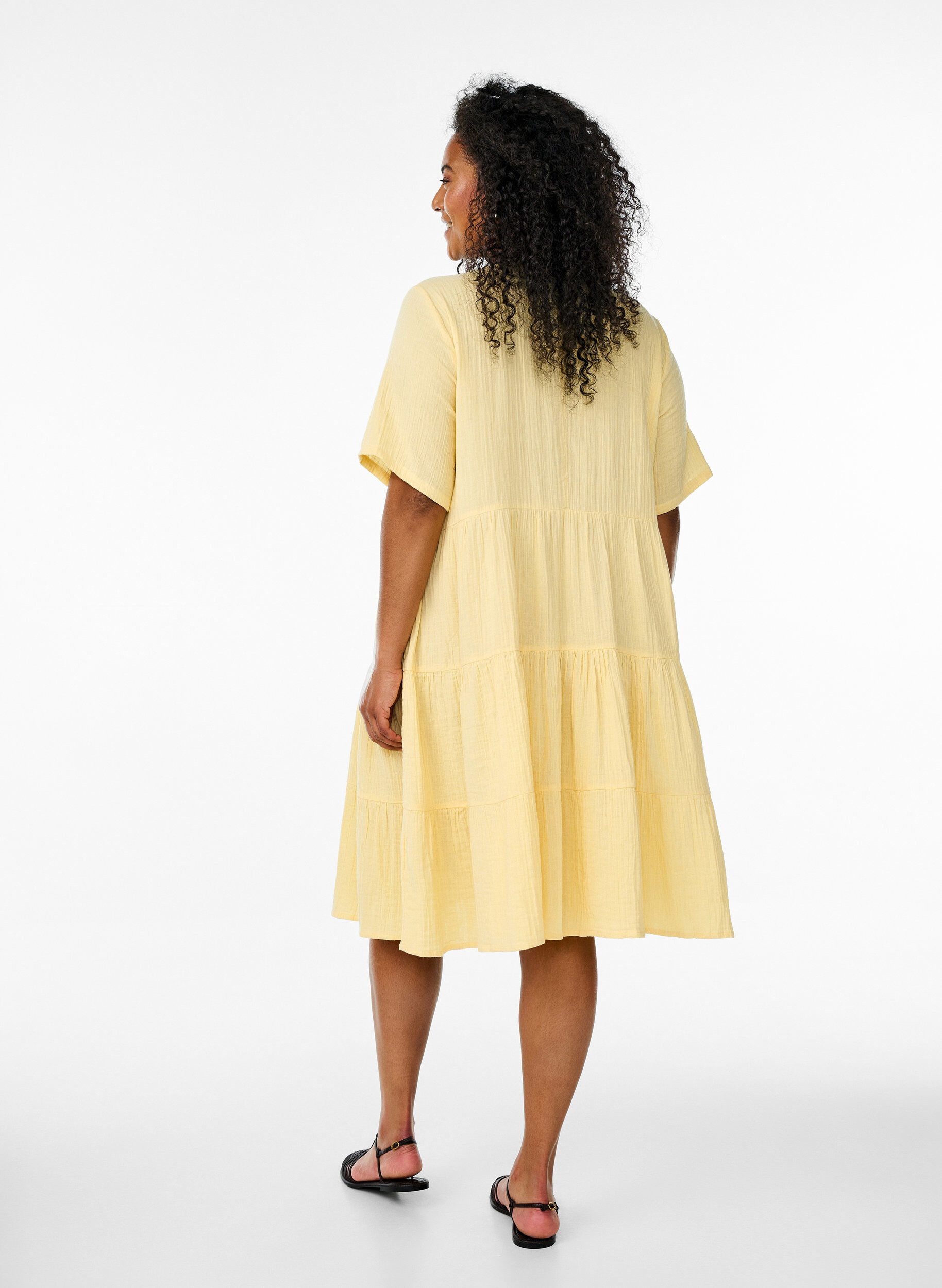 Zizzifashion Knee-length cotton muslin dress with an A-line cut, Yellow, Model image number 2