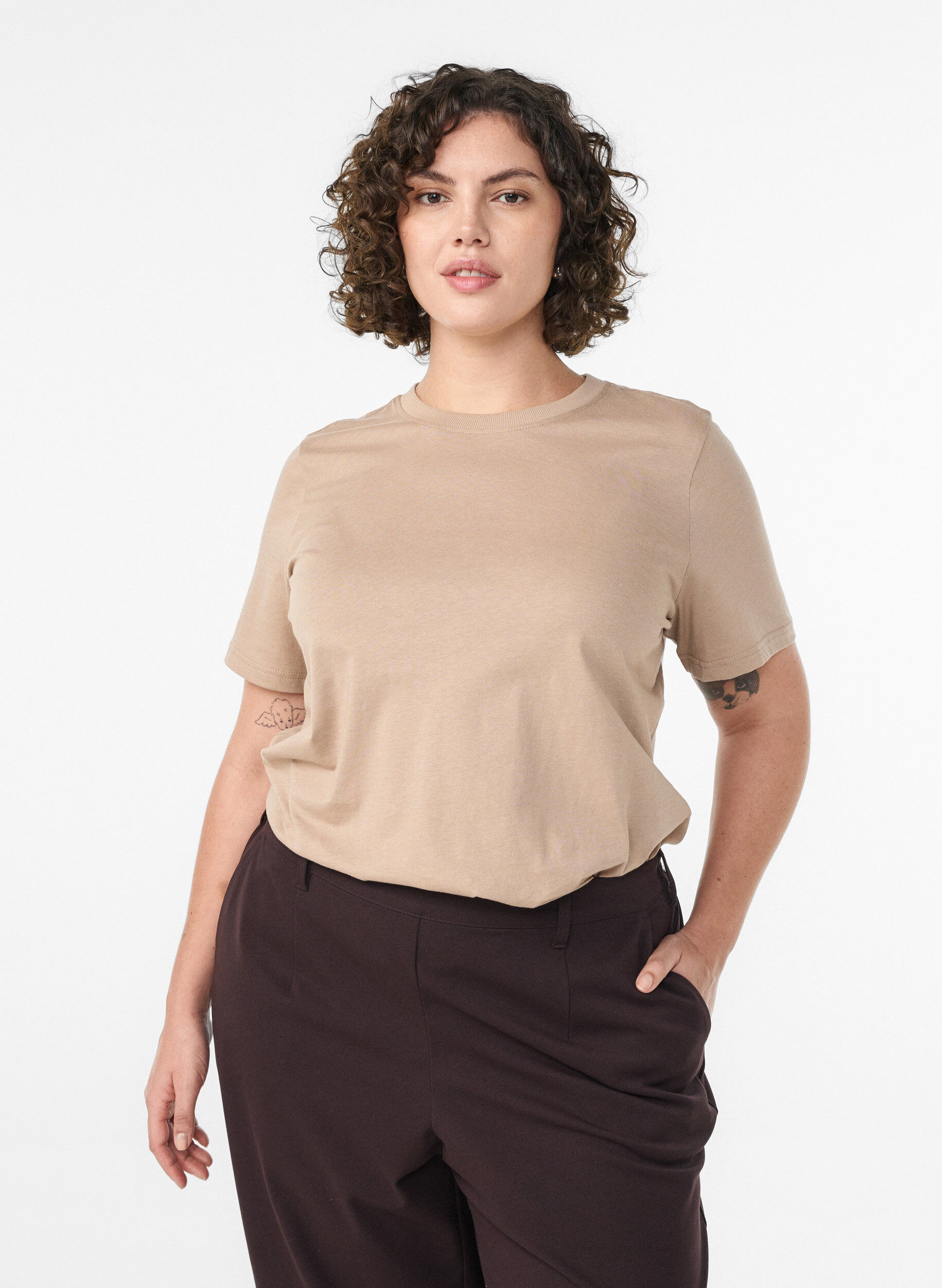 ZizzifashionBasic cotton T-shirt with round neck, Beige, Model image number 0