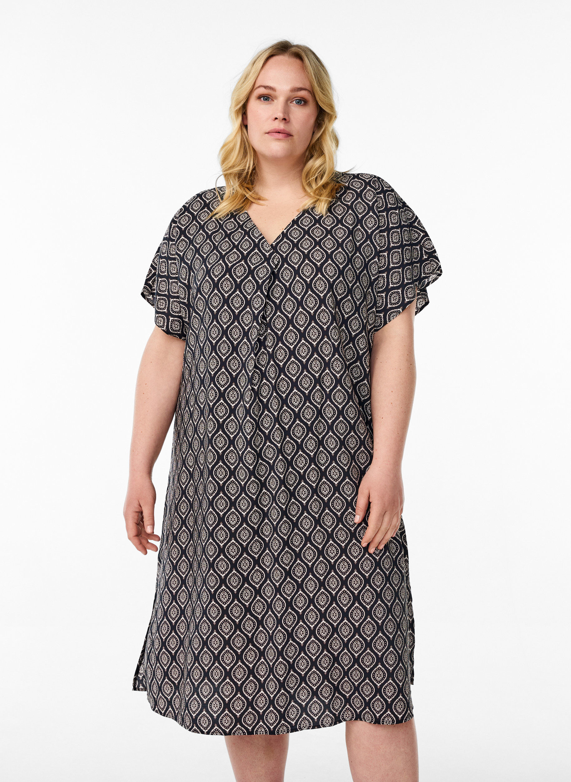 V-neck dress in viscose, Blue, Model