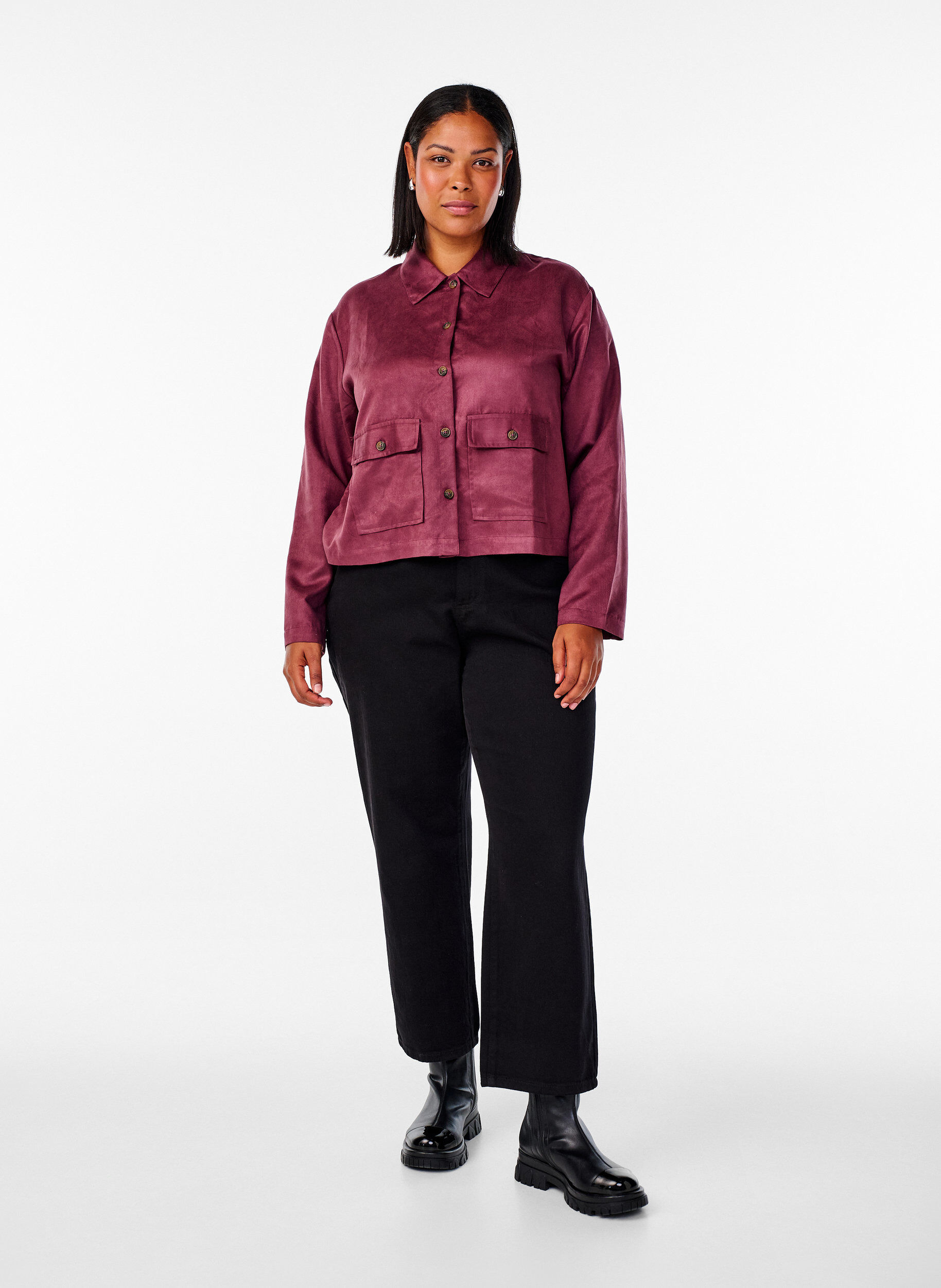 Zizzifashion Short faux suede jacket with pockets, Red, Model image number 1