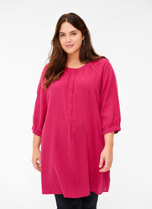 Cotton tunic with buttons and 3/4 sleeves, Sangria, Model image number 0