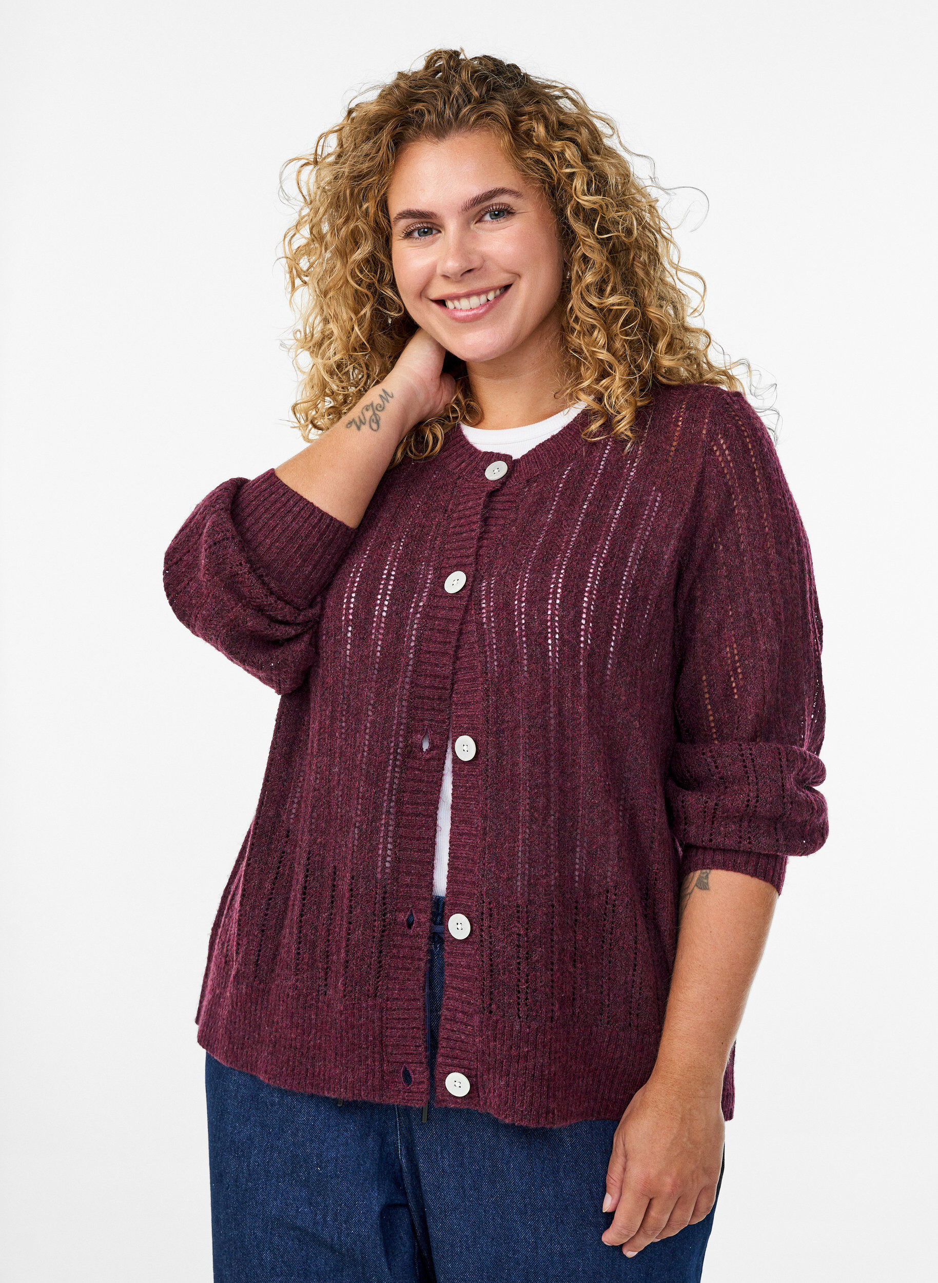 Zizzifashion Knitted cardigan with openwork pattern, Dark Bordeaux, Model image number 0