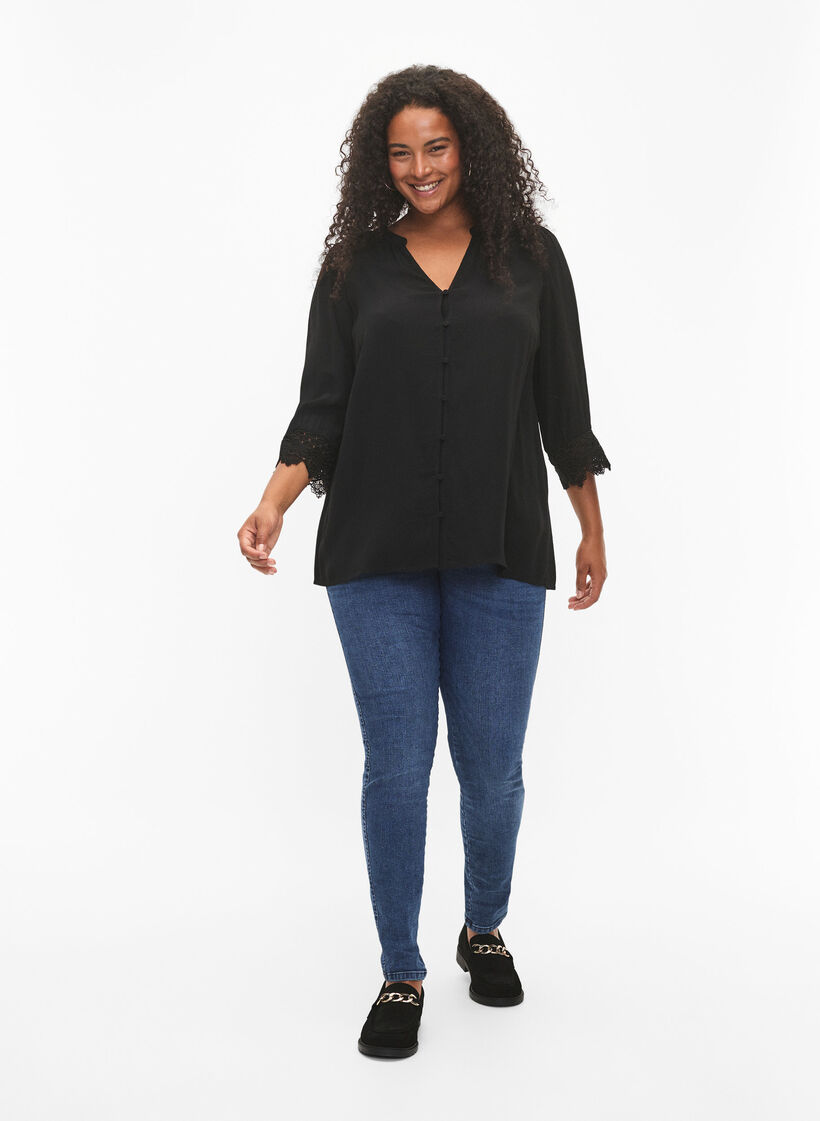 Viscose shirt with v-neckline, Black, Model image number 2